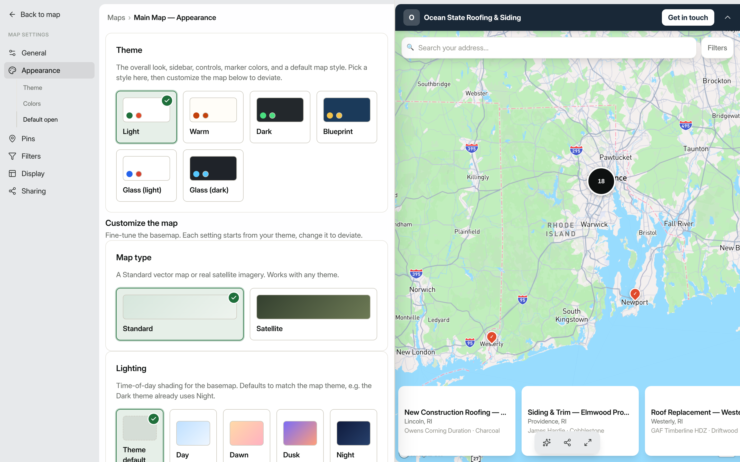 Map Appearance settings showing theme picker and basemap options