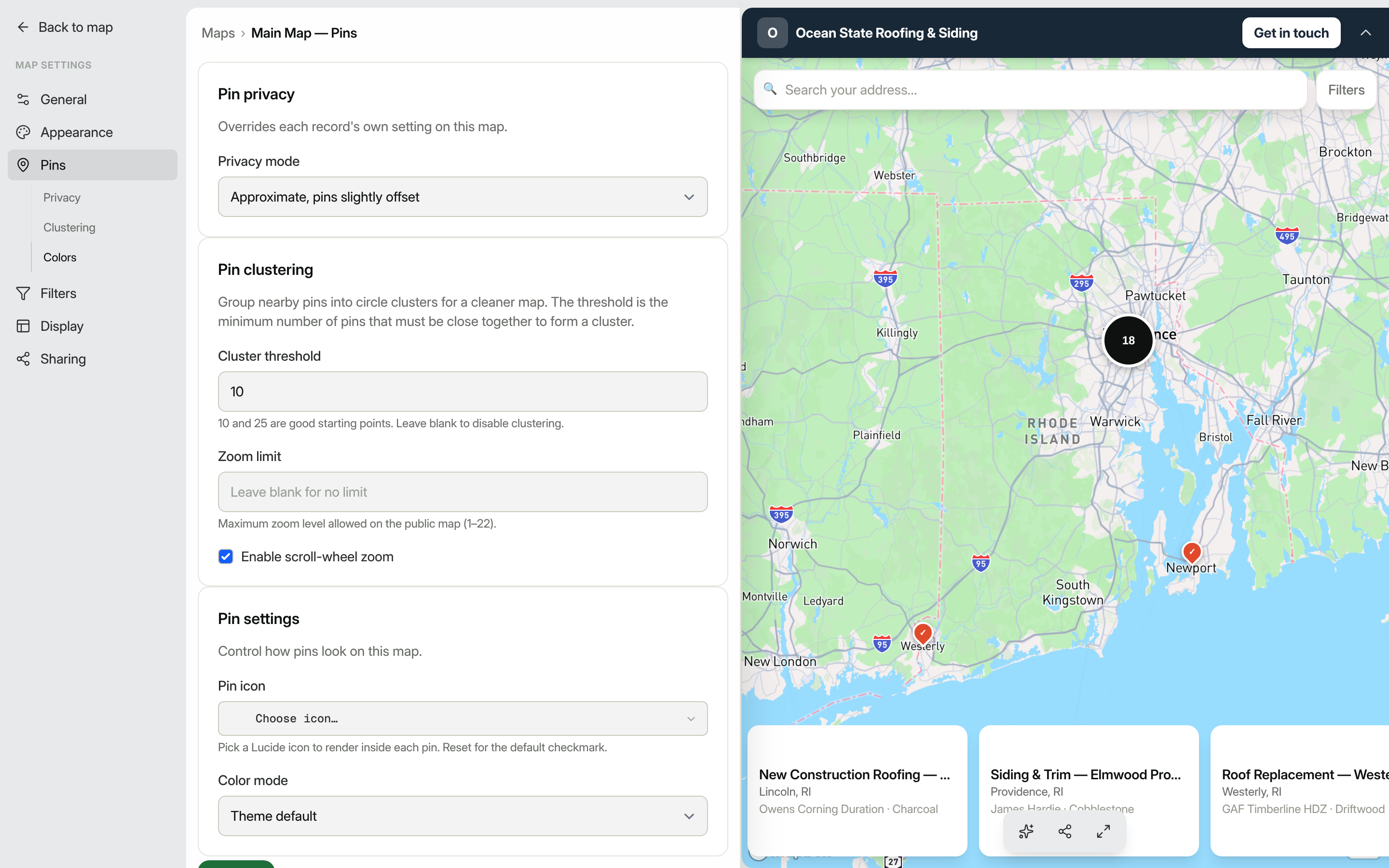 Map Pins settings showing pin icon picker and color mode options