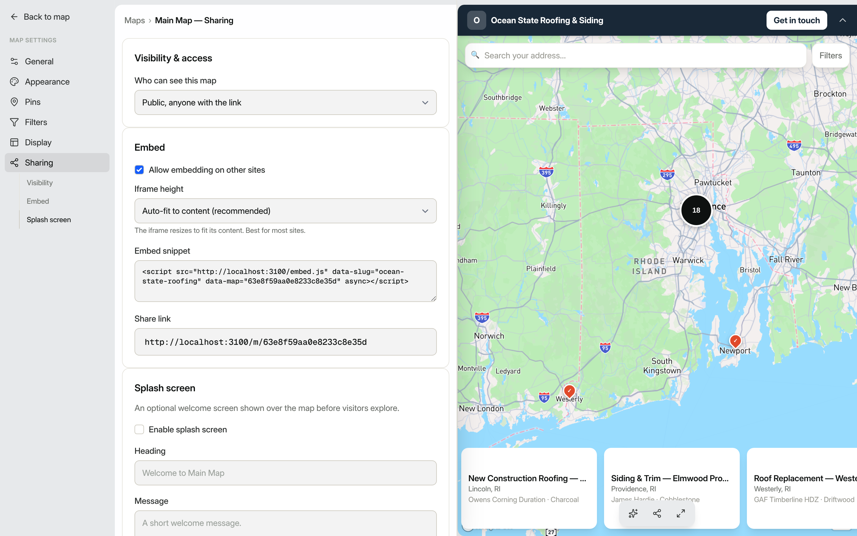 Map Sharing settings: Visibility & access, Embed, and Splash screen cards