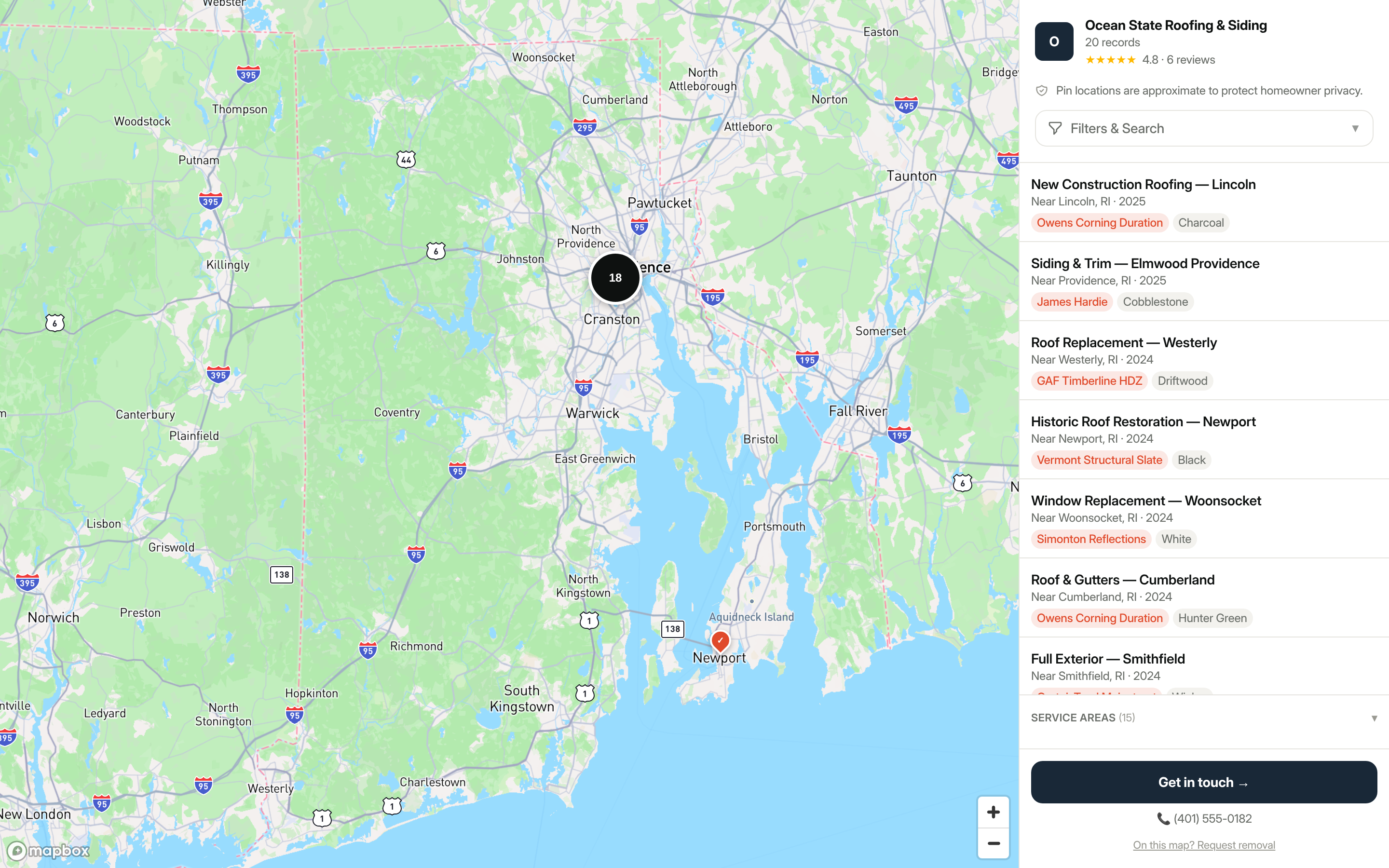 Public customer-facing map for Ocean State Roofing & Siding