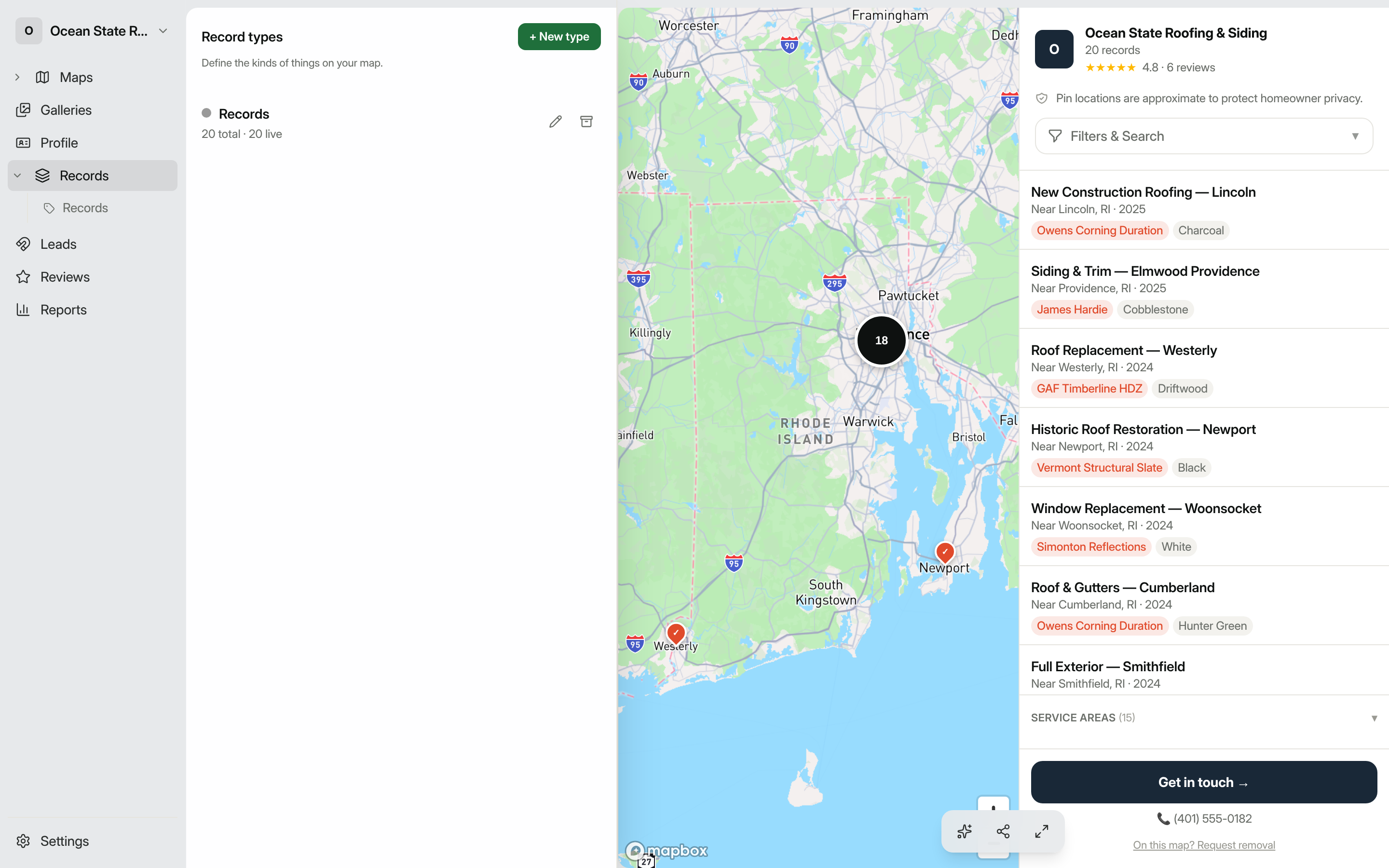 The Records dashboard showing the Record types list and the + New type button