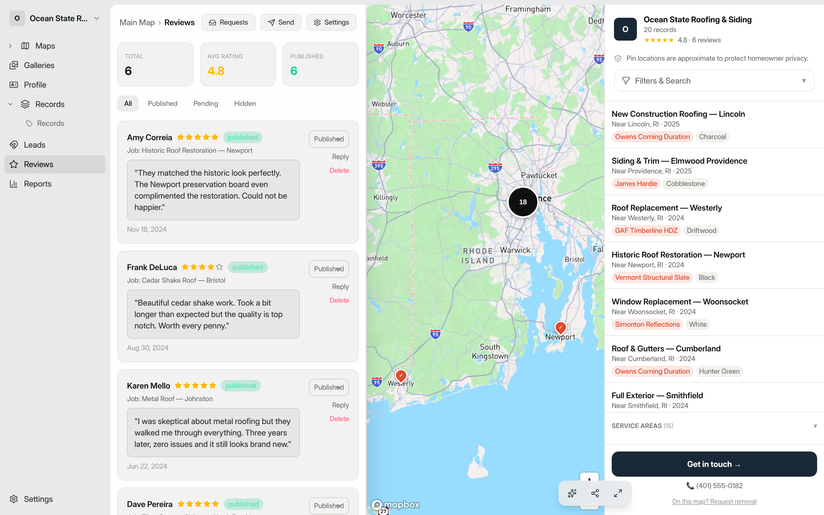 Reviews dashboard showing stats, filter tabs, and a list of incoming reviews
