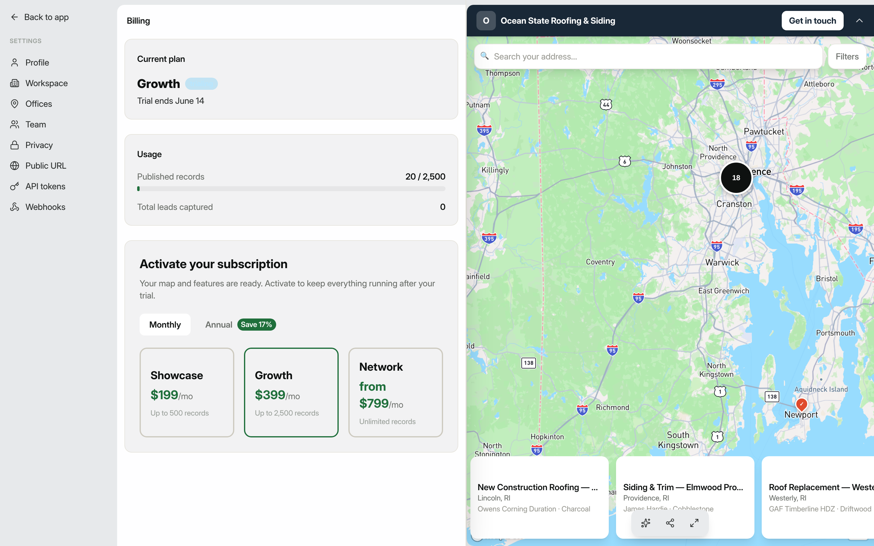 Billing page showing current plan, usage bars, and the Manage billing button