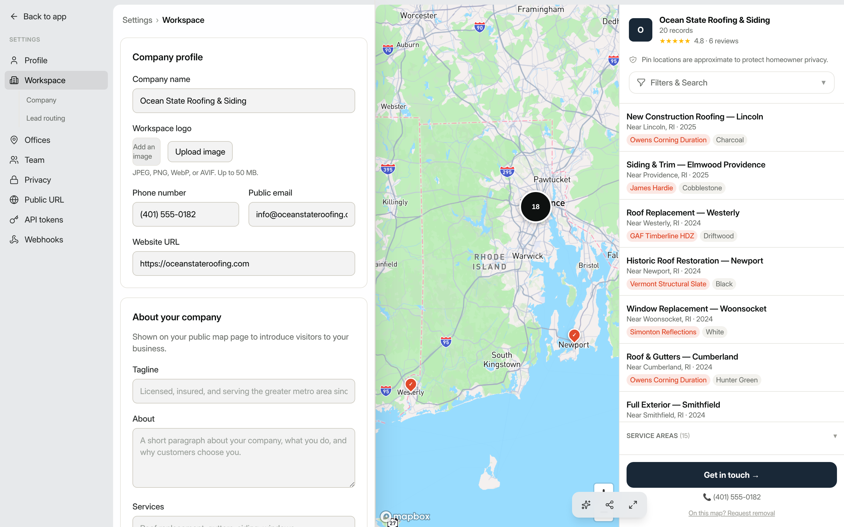 Workspace settings page showing company name, logo, contact fields, and about section